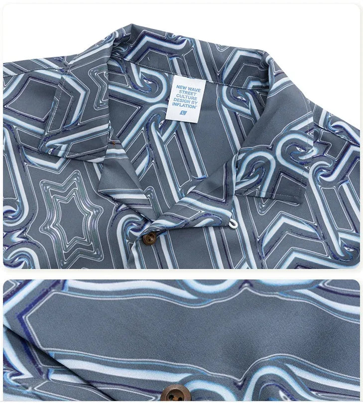 Men's Hawaiian digital print streetwear shirt in photo colour, short sleeves, button front, Asian size L