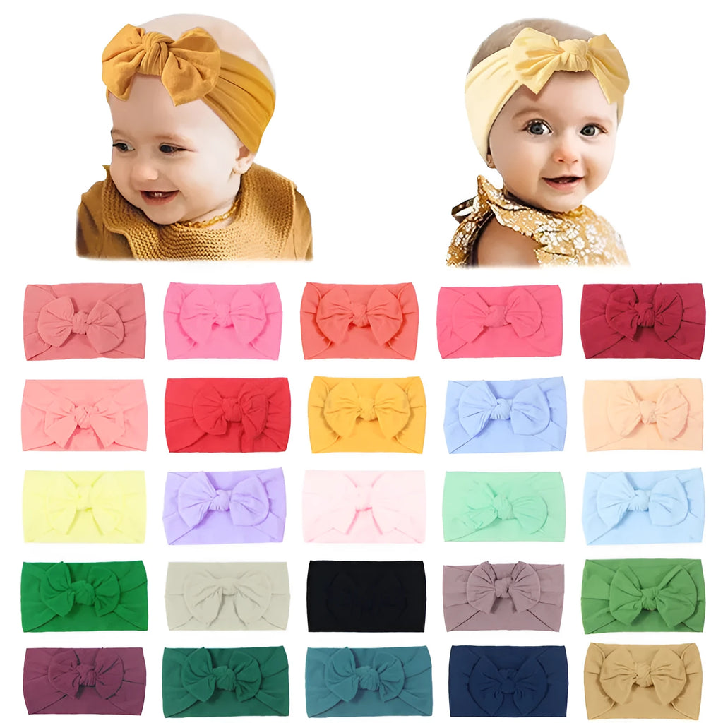 Super stretchy soft knot headband with bow for baby girls in 22 colours, made from nylon and spandex