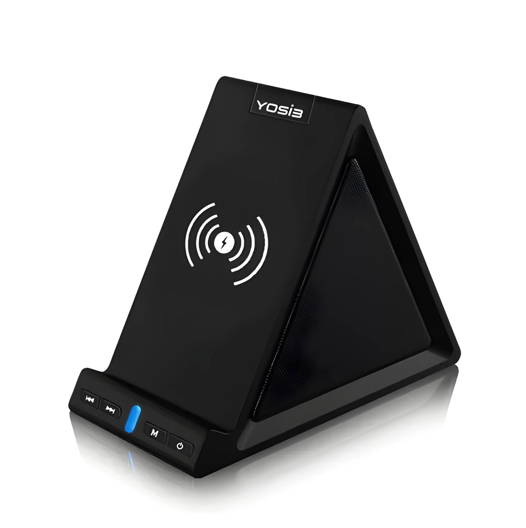 Black multifunctional Bluetooth speaker with built-in phone stand and 2000mAh power bank.