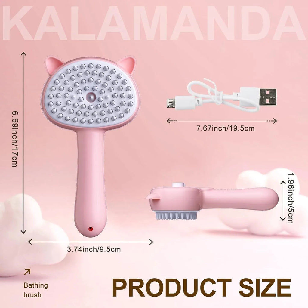 Blue pink yellow 4-in-1 pet steam brush with cat ear-shaped handle and release button