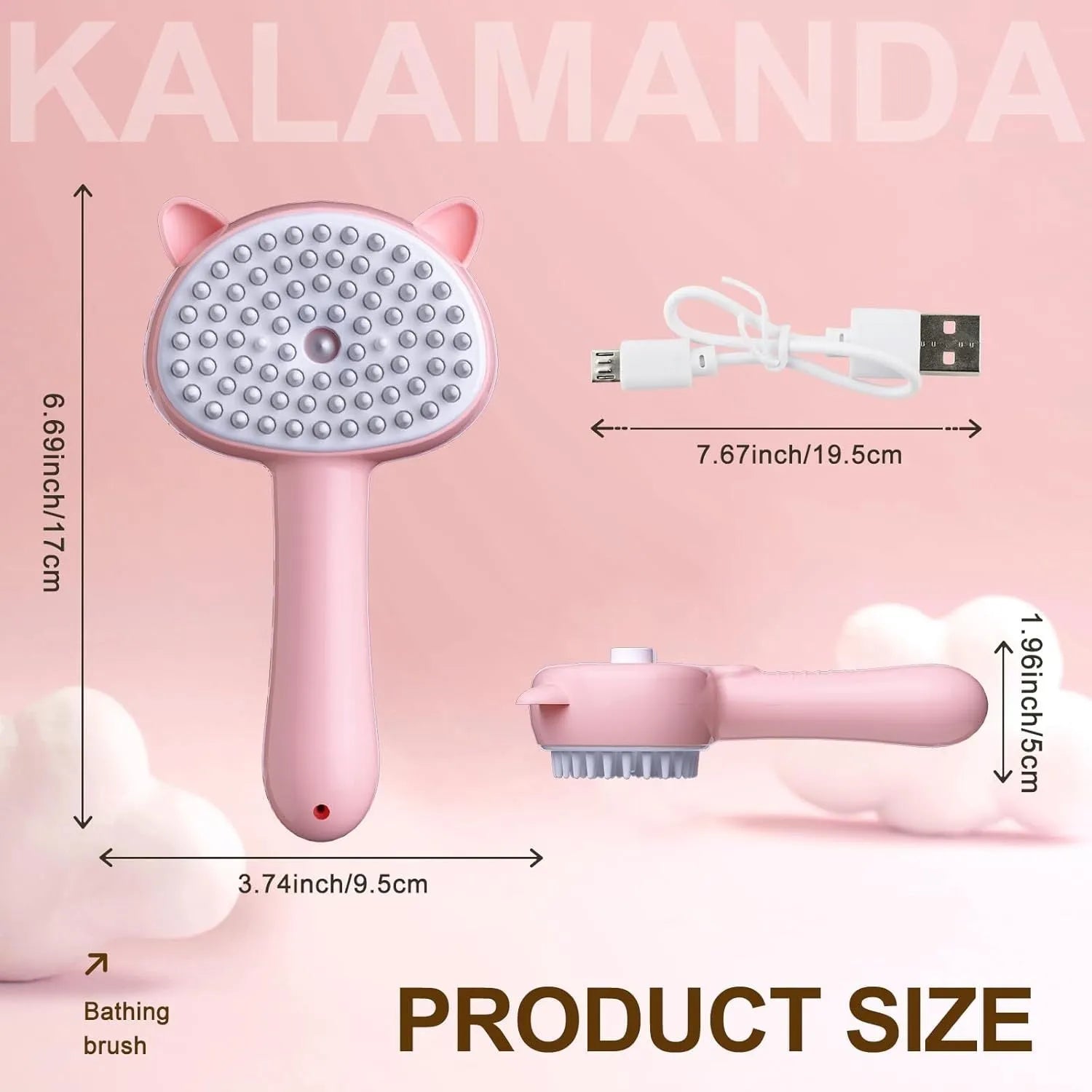 Blue pink yellow 4-in-1 pet steam brush with cat ear-shaped handle and release button