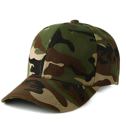 Green camouflage baseball cap with wide 7-8 cm brim, flat eaves, and dome top for outdoor sun protection