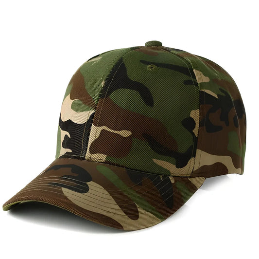 Green camouflage baseball cap with wide 7-8 cm brim, flat eaves, and dome top for outdoor sun protection