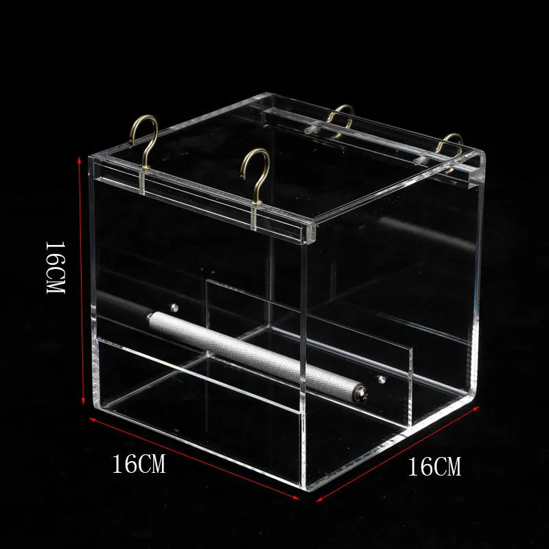 Clear acrylic bird feeder food box for parrots, non-toxic, small size 13x11x13cm