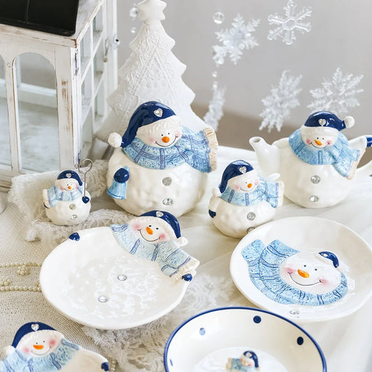 Christmas ceramic ornaments and snowman tableware set in porcelain with cartoon animations