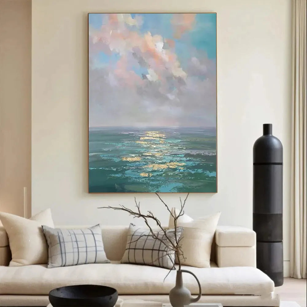 Handmade oil painting canvas abstract ocean landscape modern wall art for home decor, rolled frameless unstretched