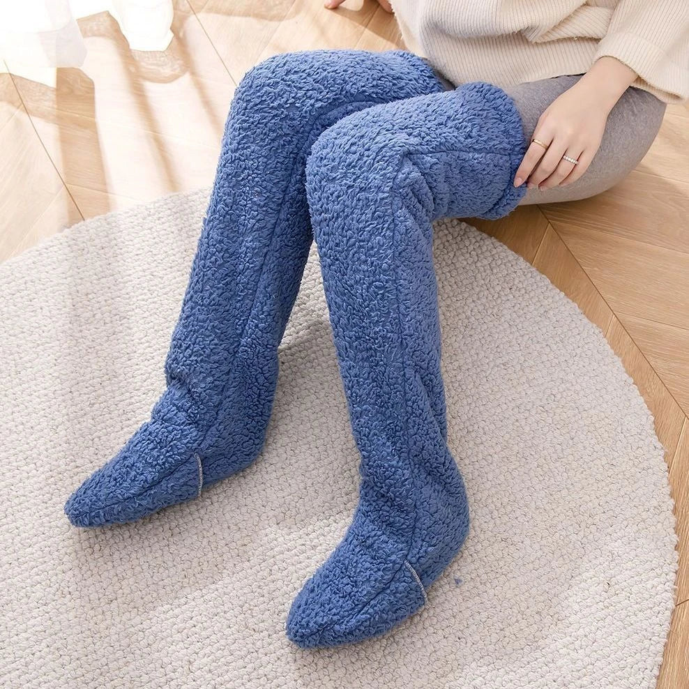 Cozy over-the-knee fuzzy socks in various colors, designed to keep your legs and knees warm during the winter season.