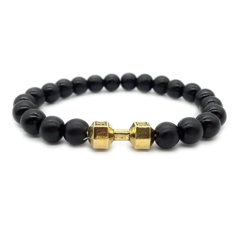 Men's fitness fashion bracelet with alloy metal barbell and lava rock stone beads