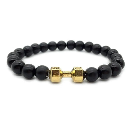 Men's fitness fashion bracelet with alloy metal barbell and lava rock stone beads