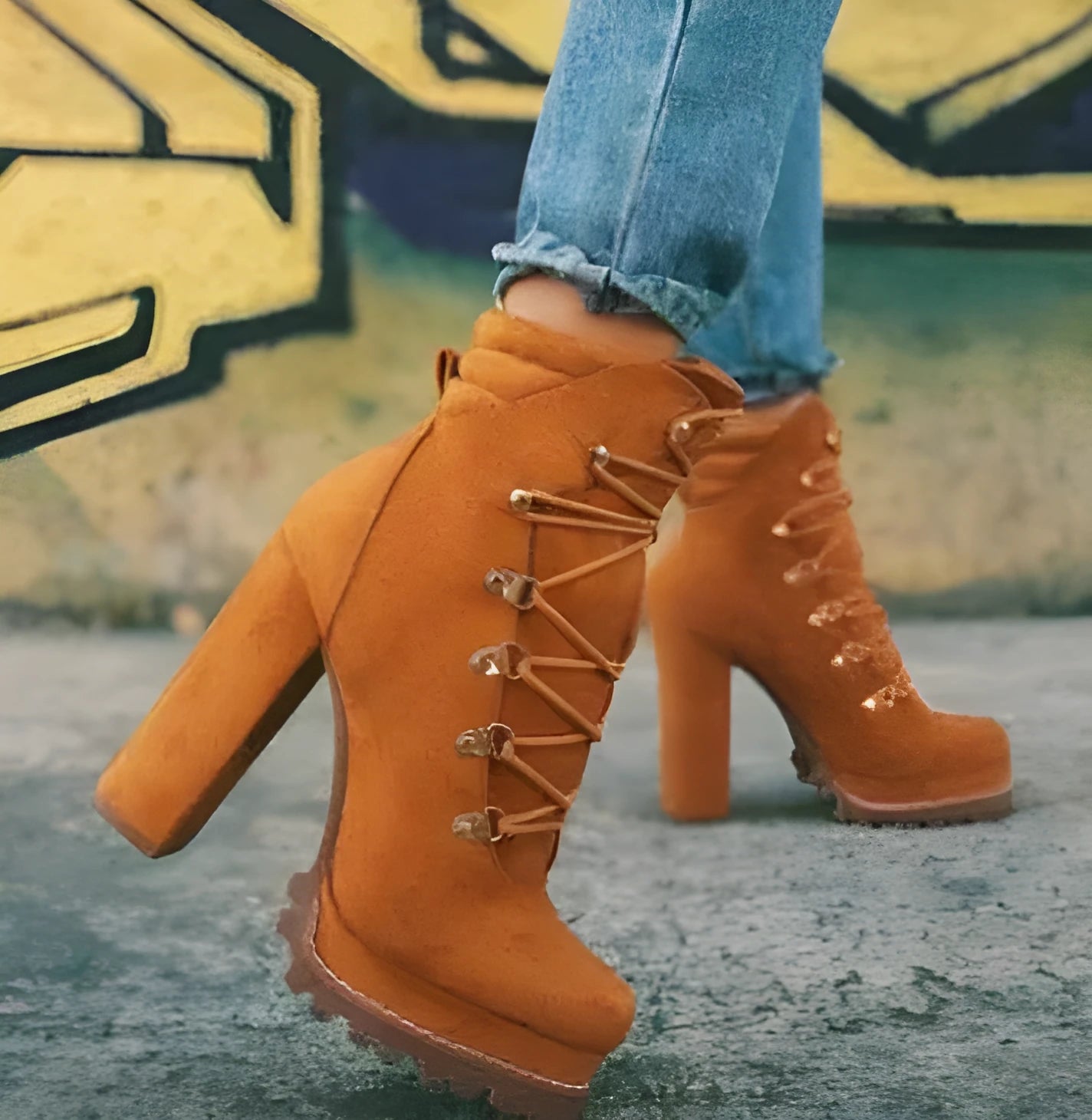 Women's suede high heel ankle boots with thick block heel and waterproof platform sole in army green colour