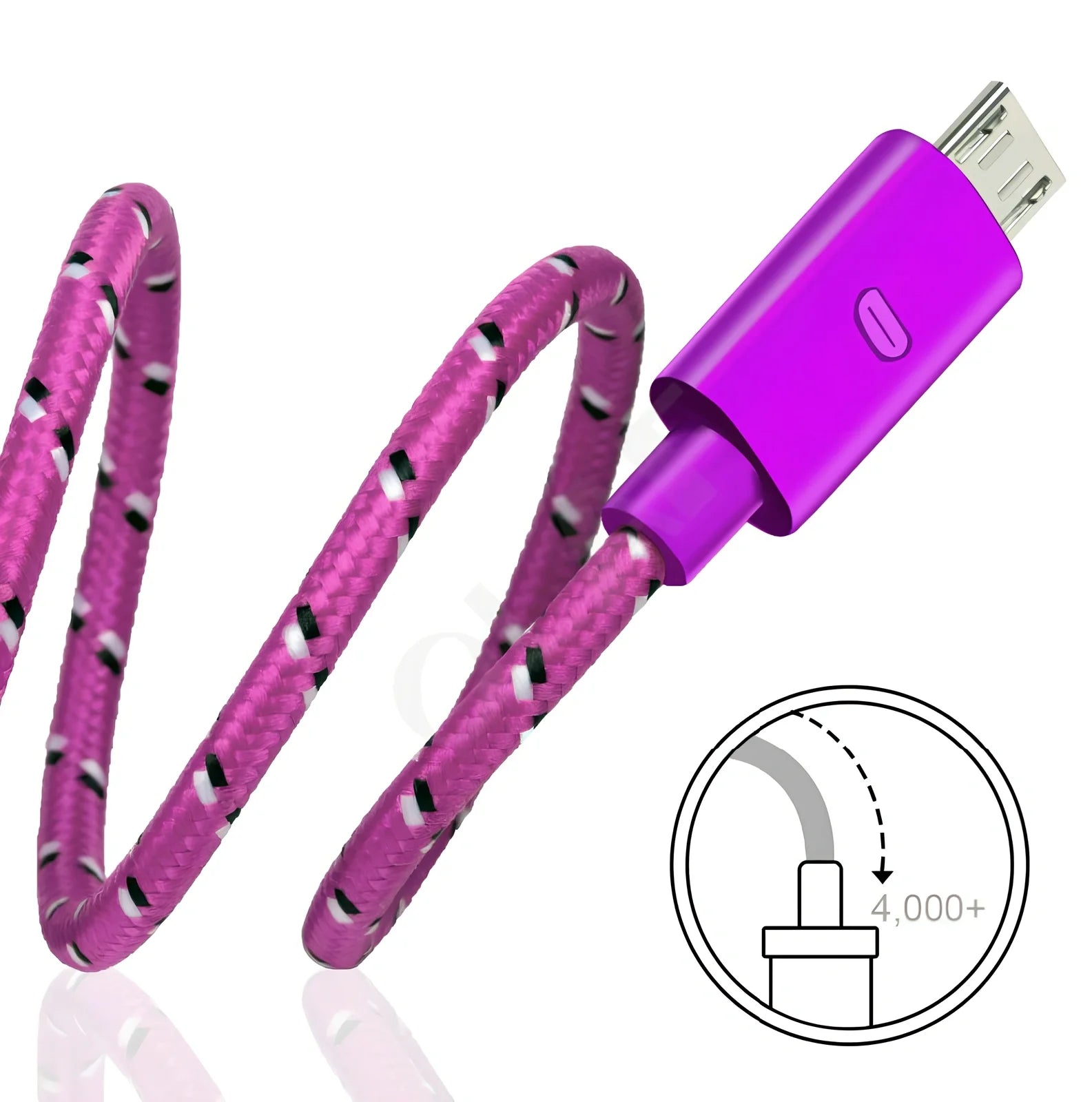 Woven nylon cloth data cable in multiple colours showing Android micro and USB-C connector options