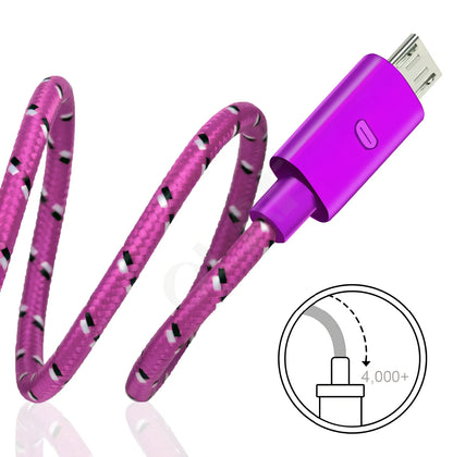 Woven nylon cloth data cable in multiple colours showing Android micro and USB-C connector options