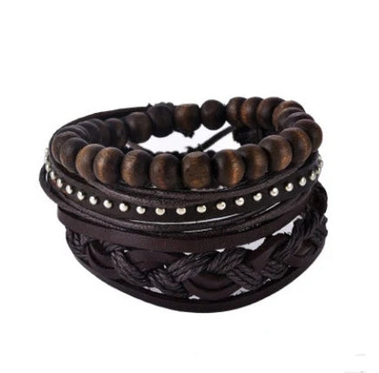 Adjustable leather bracelet with multilayer bead design for men and women