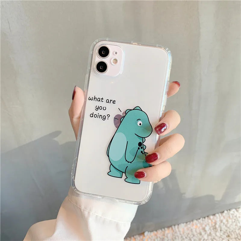 Transparent silicone TPU iPhone case with airbag design and a green dinosaur graphic on the back.
