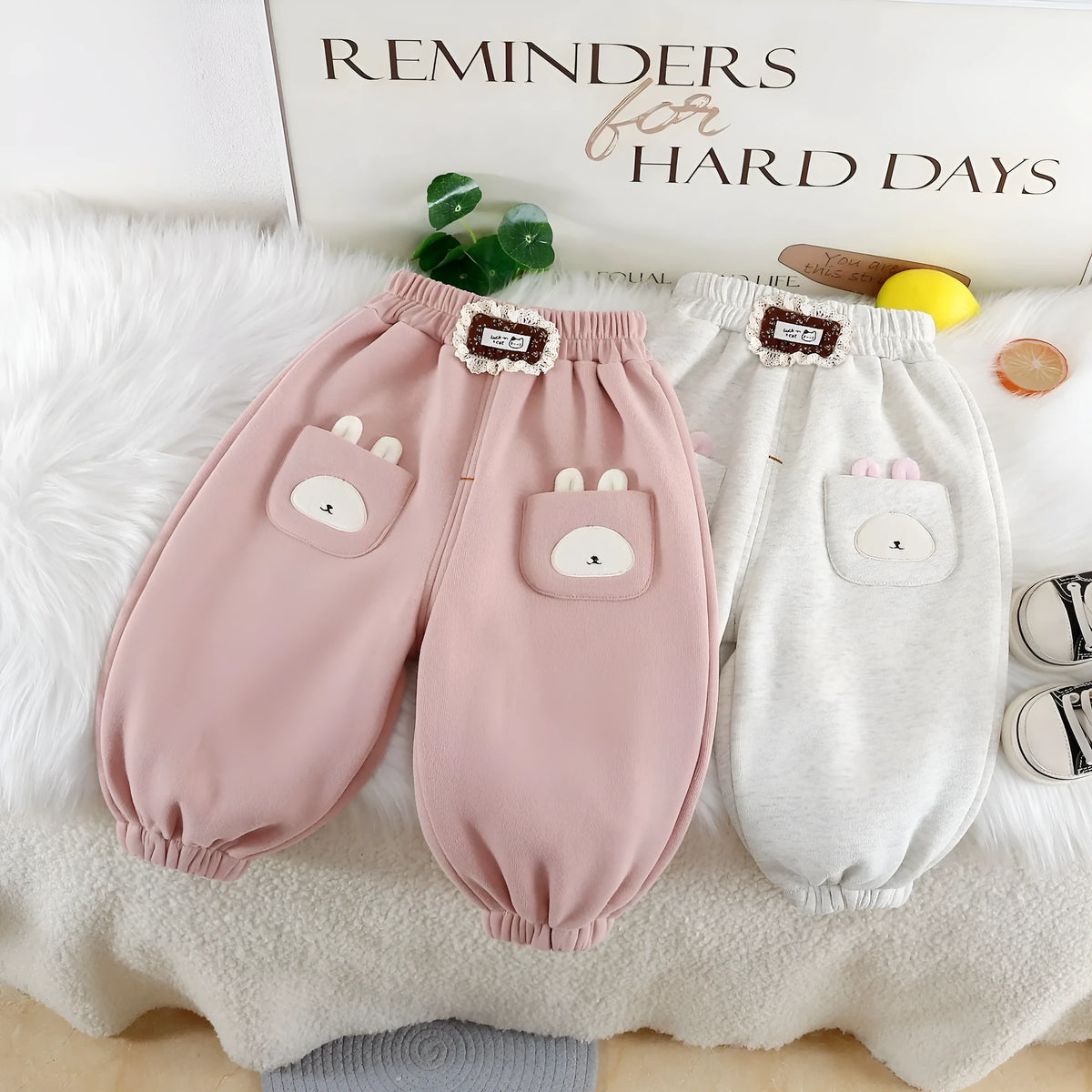 Girls cotton autumn winter trousers Korean style cartoon cute gray or pink for 80-120cm height