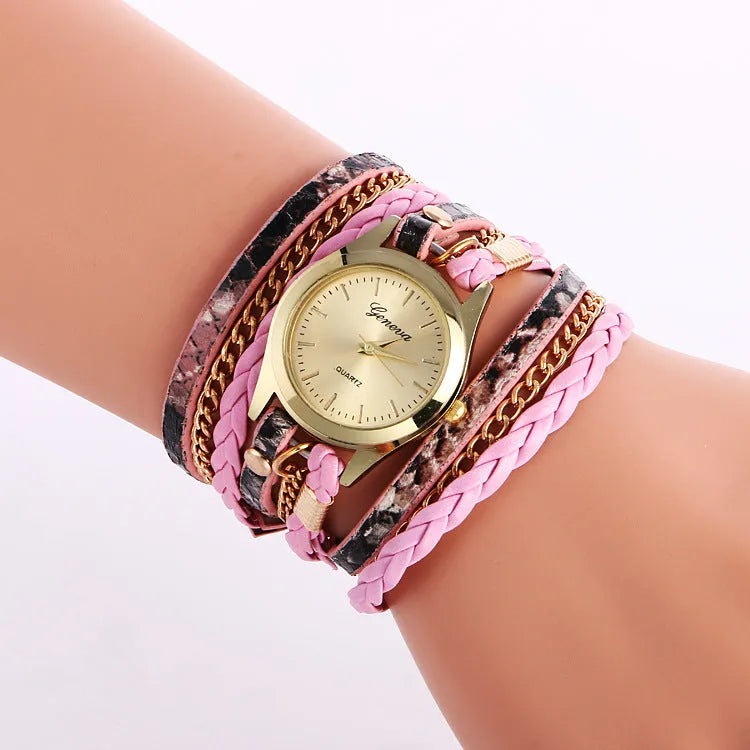 Ladies wrap watch with leopard weave bracelet, round alloy case, and quartz movement