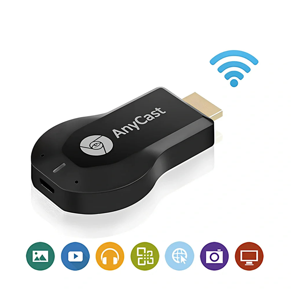 Compact 1080p wireless HDMI dongle in black, 6cm long with USB cable for TV streaming