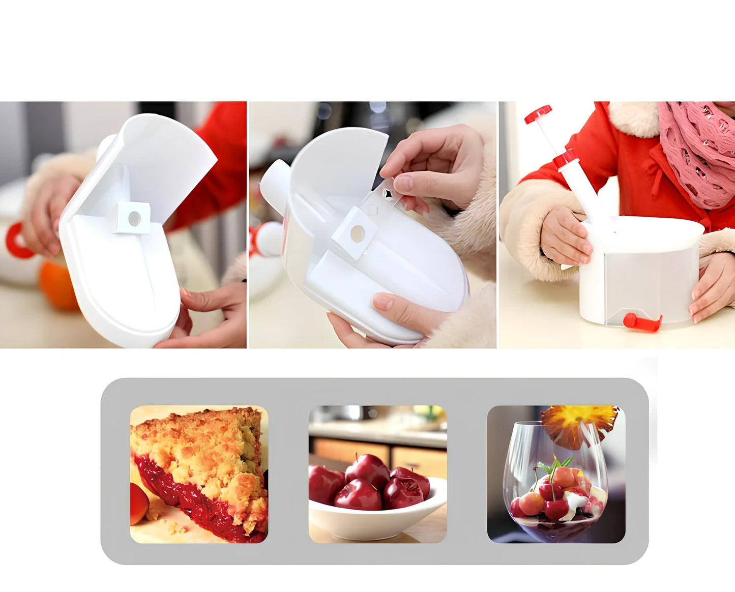 White cherry nucleator fruit cutter with stainless steel blades and plunger mechanism for cutting grapes