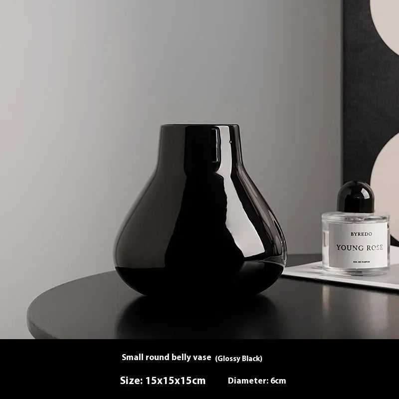 Ceramic round belly French design decorative vase in black or white with coloured glaze finish