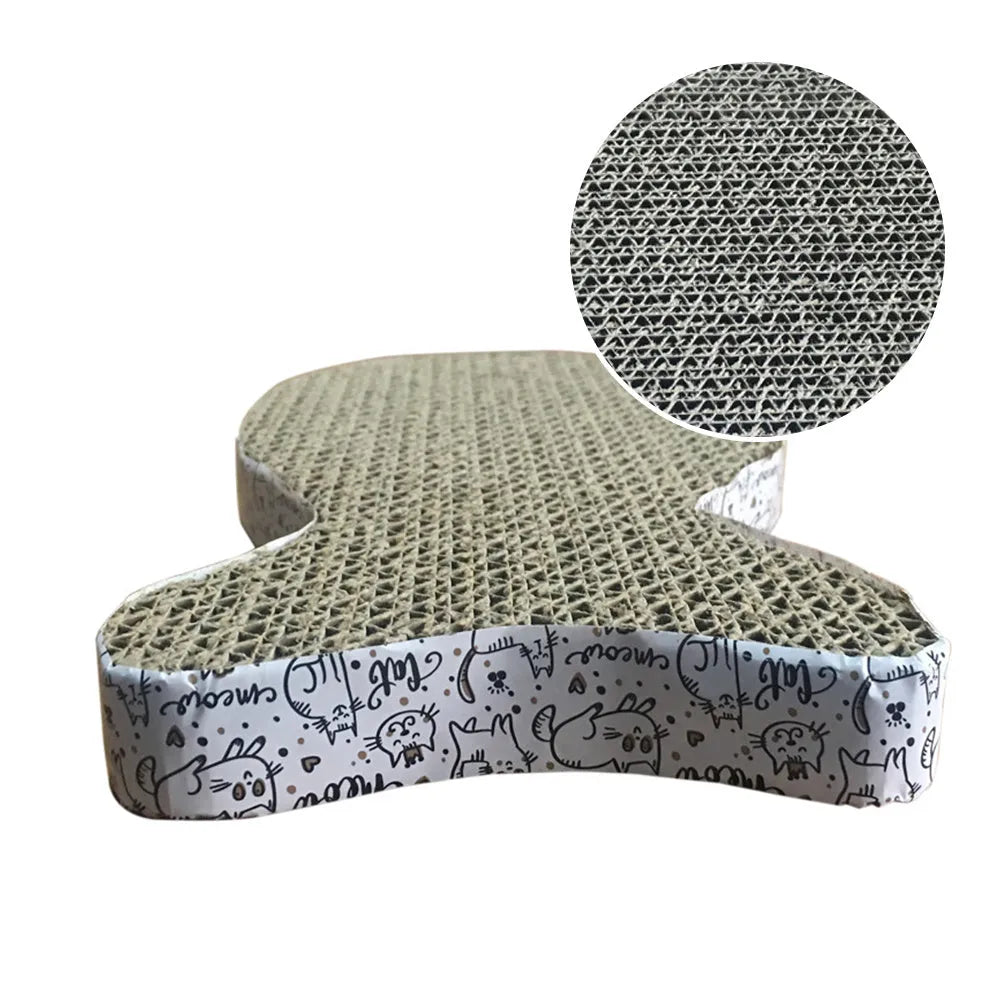 Three cat scratcher shapes: fish, butterfly, and cat head in corrugated paper