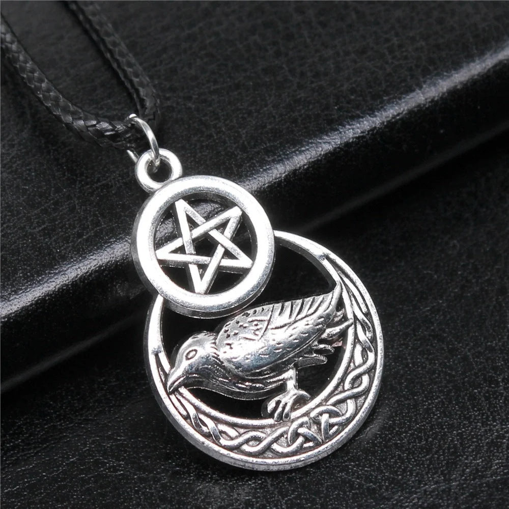 Men's vintage silver pentagram crow pendant necklace with adjustable chain