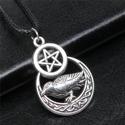 Men's vintage silver pentagram crow pendant necklace with adjustable chain