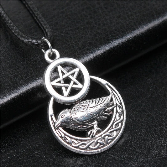 Men's vintage silver pentagram crow pendant necklace with adjustable chain