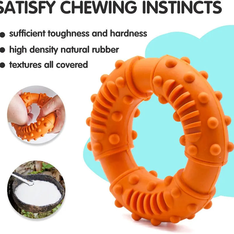 Blue, orange, and red bouncy hollow dog fetching stick toy for chewers and fetch games.