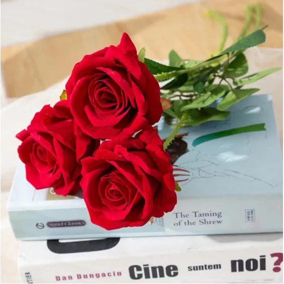 Artificial red rose bouquet 48cm long with silk cloth flower heads about 7cm diameter