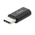 Micro USB to USB C adapter in black with USB-A female connector for charging and data sync.