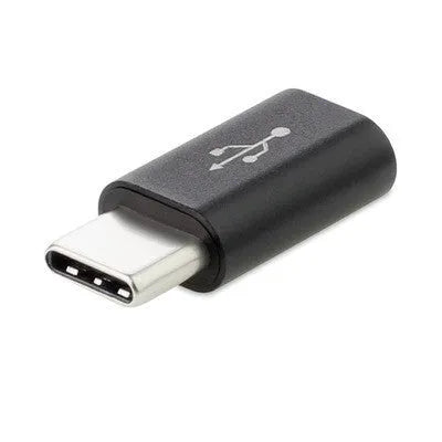 Micro USB to USB C adapter in black with USB-A female connector for charging and data sync.