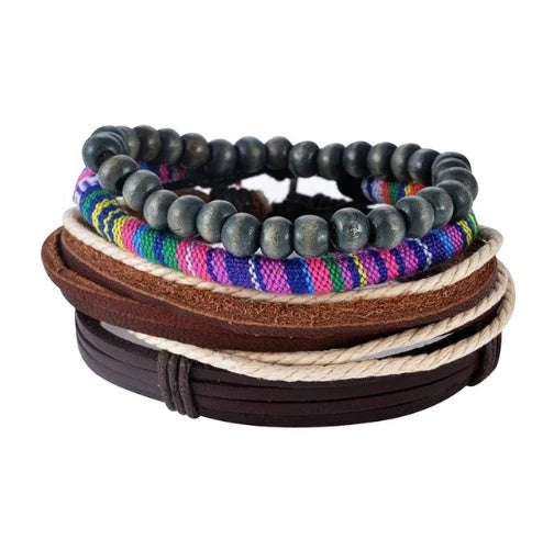 Adjustable leather bracelet with multilayer bead design for men and women