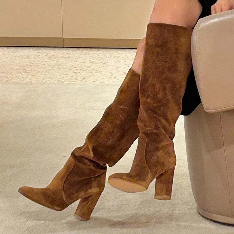 Suede pleated thick heel pointed toe over-the-knee boots in black – high cylinder with oversleeve fit