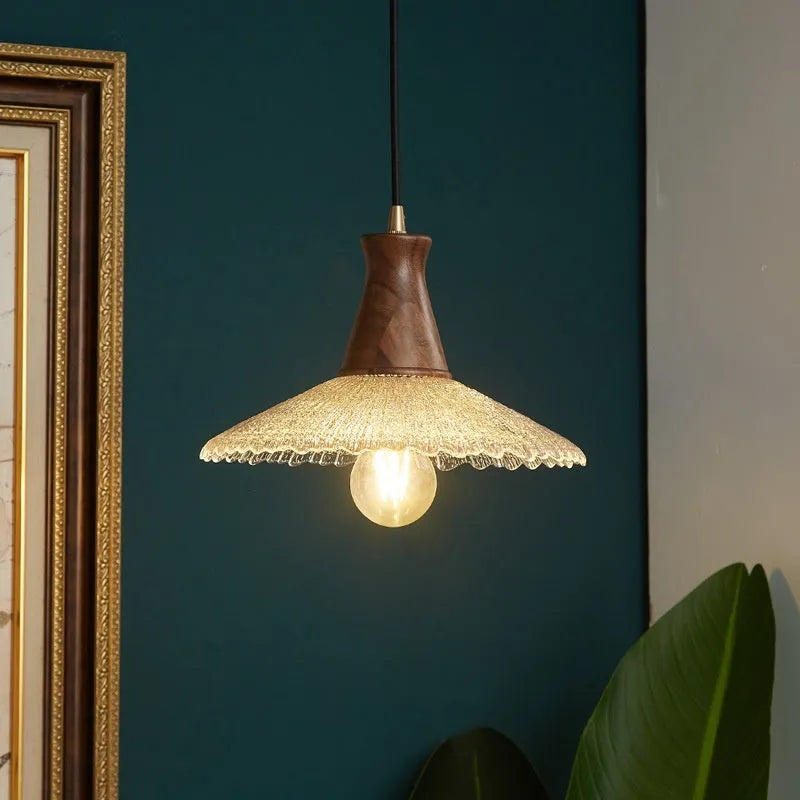 Retro brass and glass woodcraft chandelier ceiling lamp shown in three available sizes.