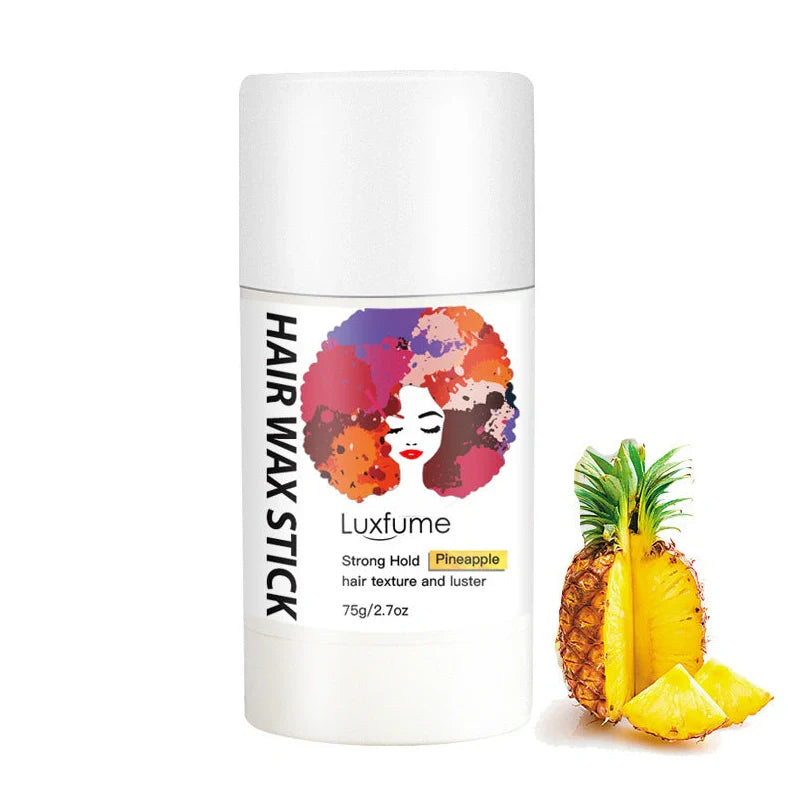 Cream styling hair wax stick in solid format with pineapple and coconut scent options for frizz control