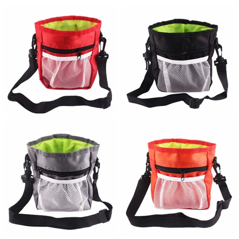 Drawstring pocket dog treat pouch with adjustable belt in red and black