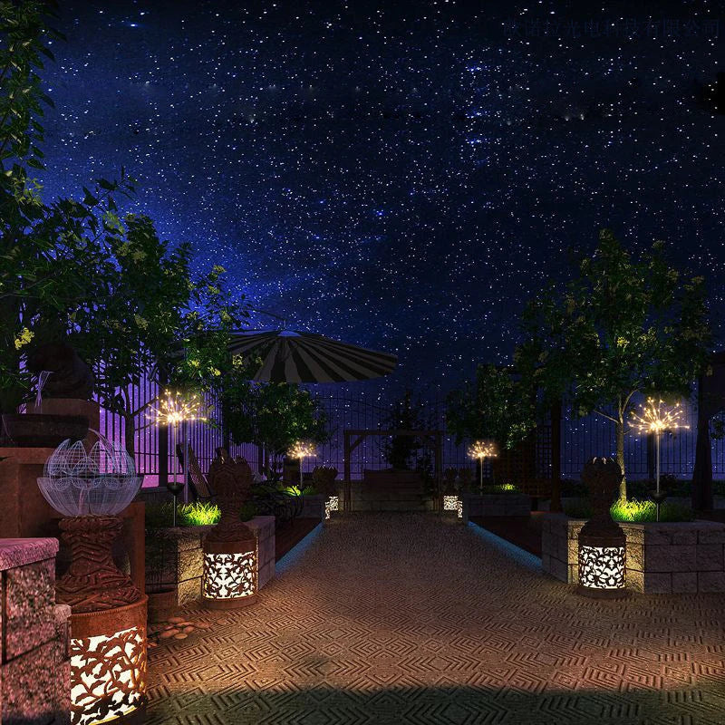 Solar-powered string lights with fireworks-inspired lighting effects, perfect for outdoor gardens, patios, and parties