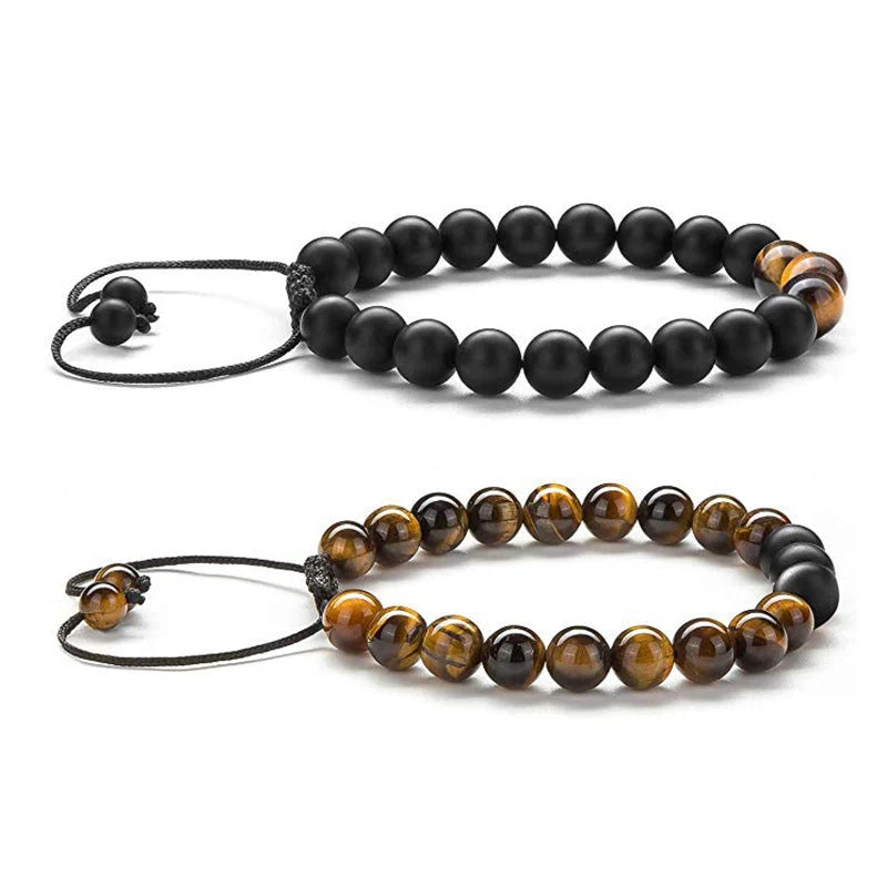 Tiger Eye Couple Bracelets with matte black agate beads, modern geometry design