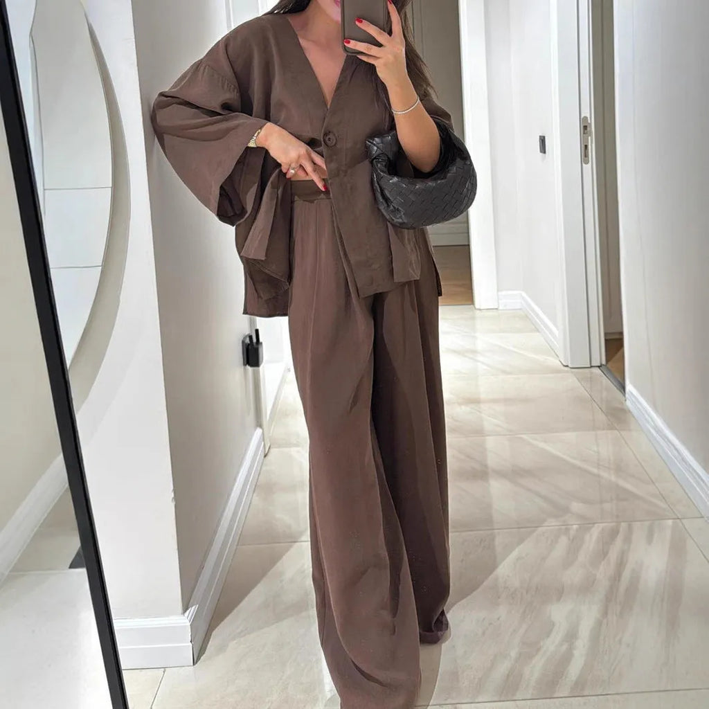 Women's solid colour polyester cardigan top and trousers set with zipper and button detail, long sleeves, commute style, available in six colours