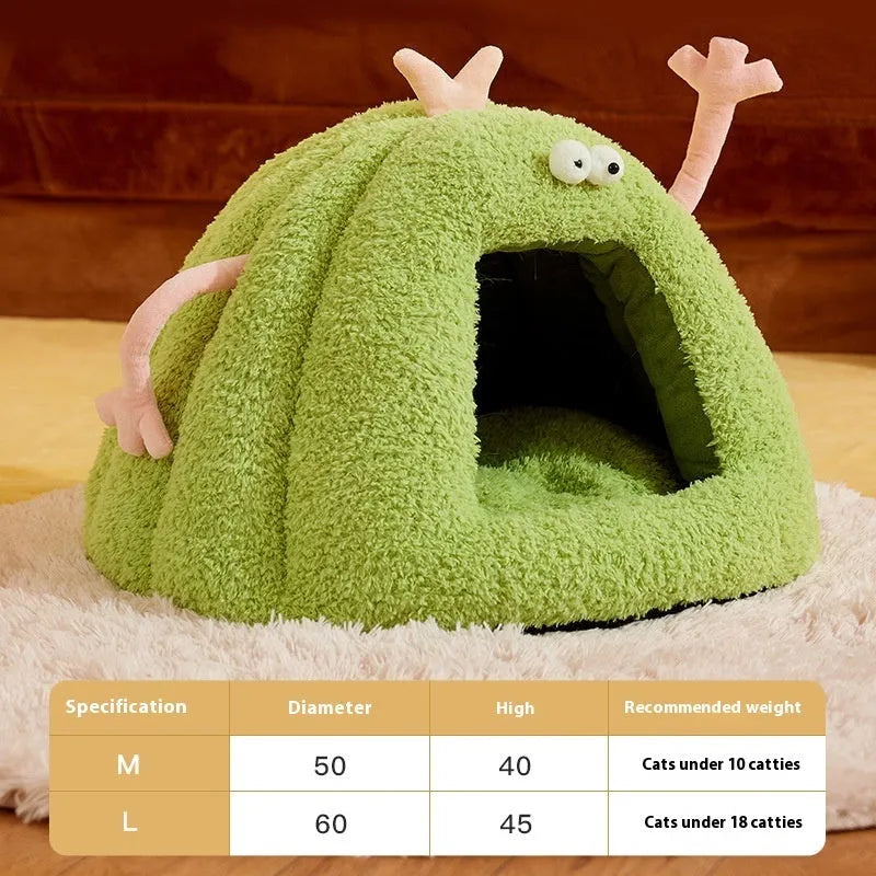 Monster-shaped semi-enclosed cat kennel bed in green, purple or yellow with soft velvet lining.