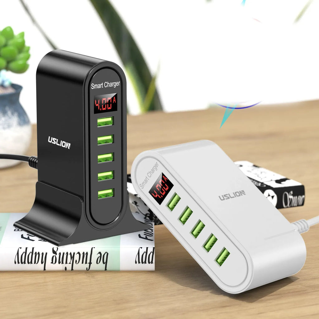 Smart LED digital display travel charger showing 240V input and 5V output with USB interface