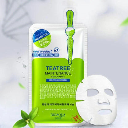 Aloe vera sheet mask on face showing 30g serum content and pre-cut eye and mouth openings