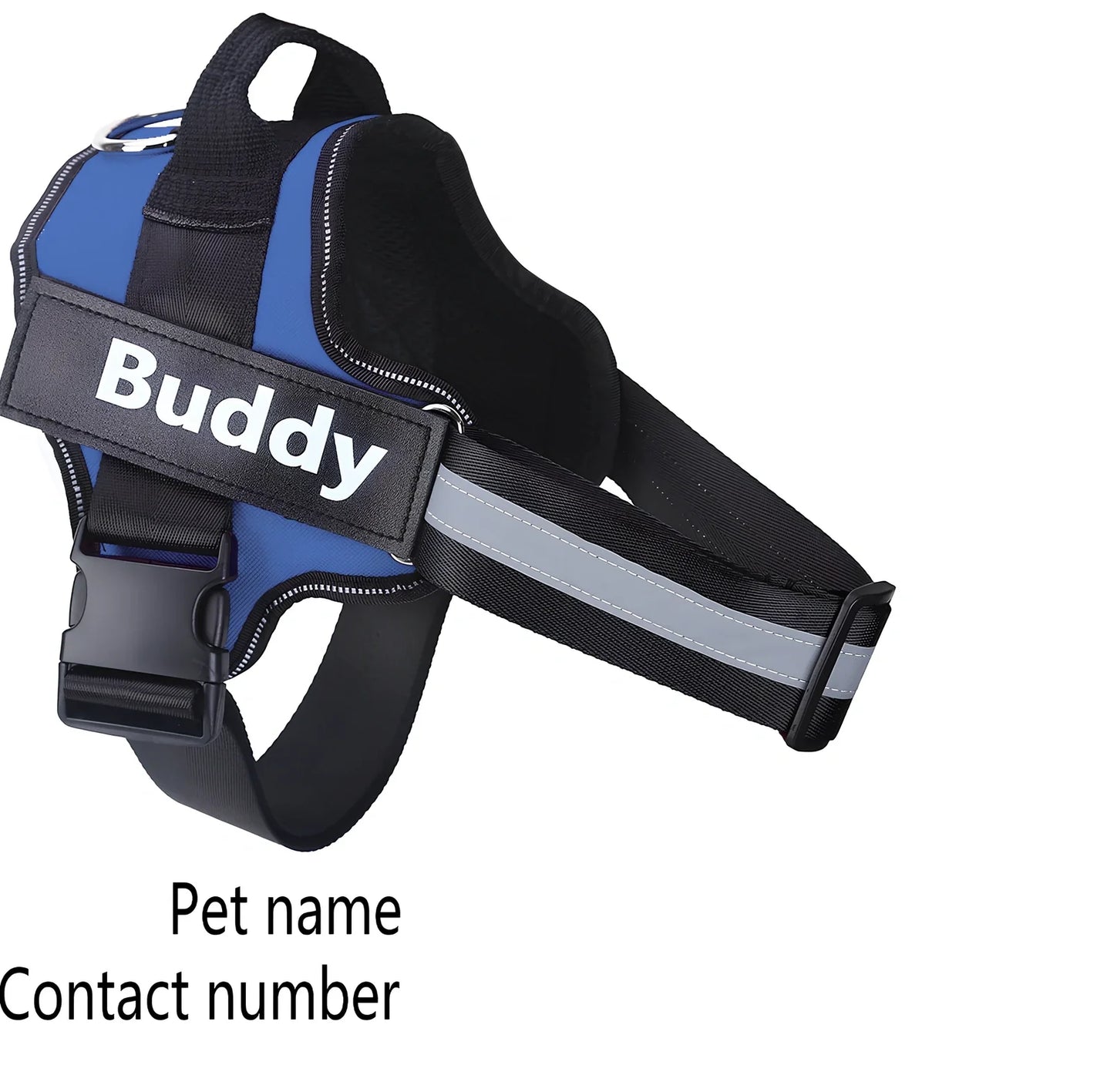Adjustable nylon no-pull dog harness in black with reflective straps and custom patch, fits bust 25-120cm for small to large breeds