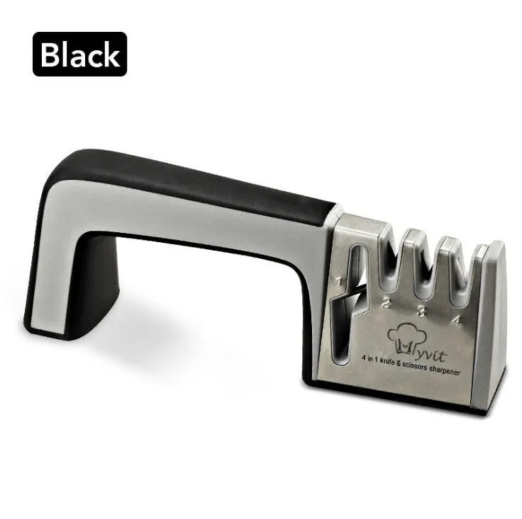4-in-1 multi-functional knife sharpener in black with multiple sharpening rods