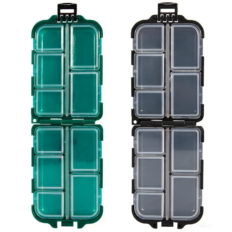 Plastic fishing tackle storage box with 10 compartments in black, blue, or green colours