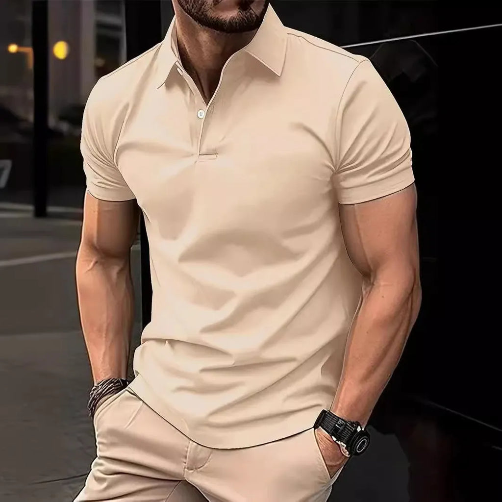 Men's slim fit casual short sleeve shirt in a solid colour on a hanger.