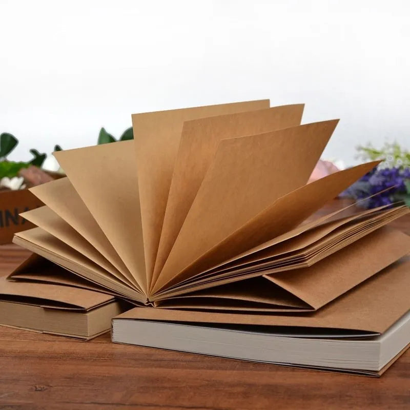 Brown kraft paper sketchbook open to show blank pages, showcasing wireless binding and 16K or 32K size.