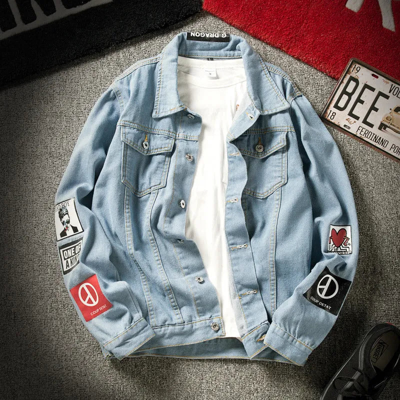 Men's blue denim jacket with lapel collar, single-breasted front, and side seam pockets on a model