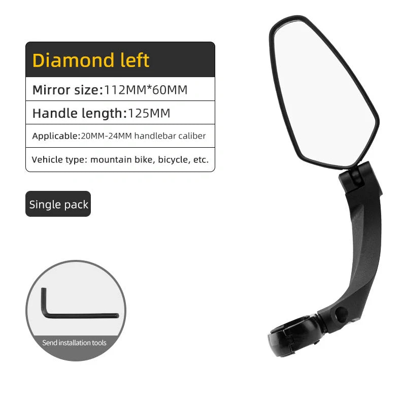 Bike mirror with acrylic lens mounted on bicycle handlebar showing 360° rotation capability