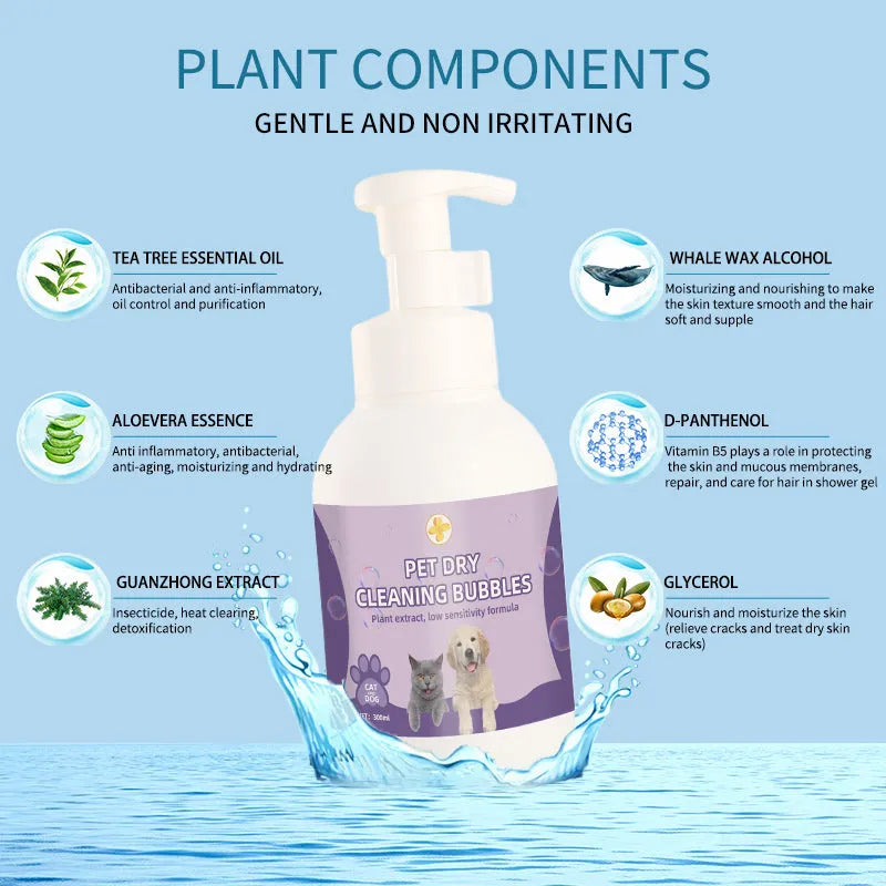 Pet disposable foam antibacterial antiitching wash-free bath shampoo in 300 ml and 500 ml bottles